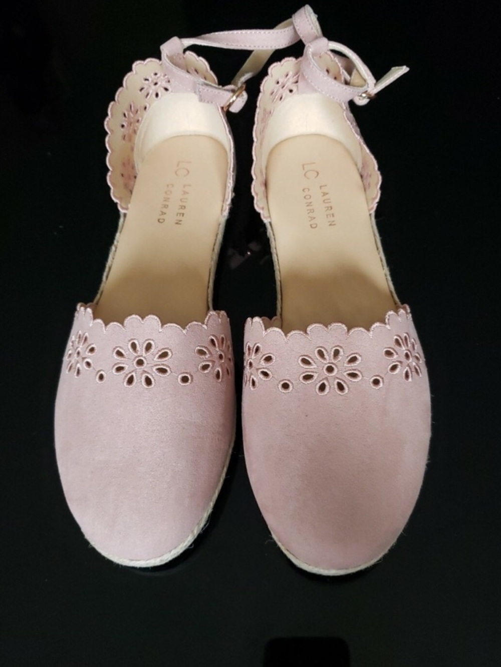 LC Lauren Conrad Blush Pink Floral Cutout minimalist Ankle-Strap Flats